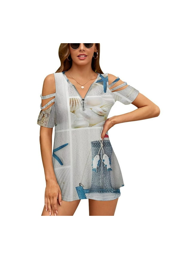 Blue Sand Beach Sea Shells Womens Summer V Neck Zipper Top Short Sleeve T Shirt Off Shoulder Top Casual Classy Loose Shirts