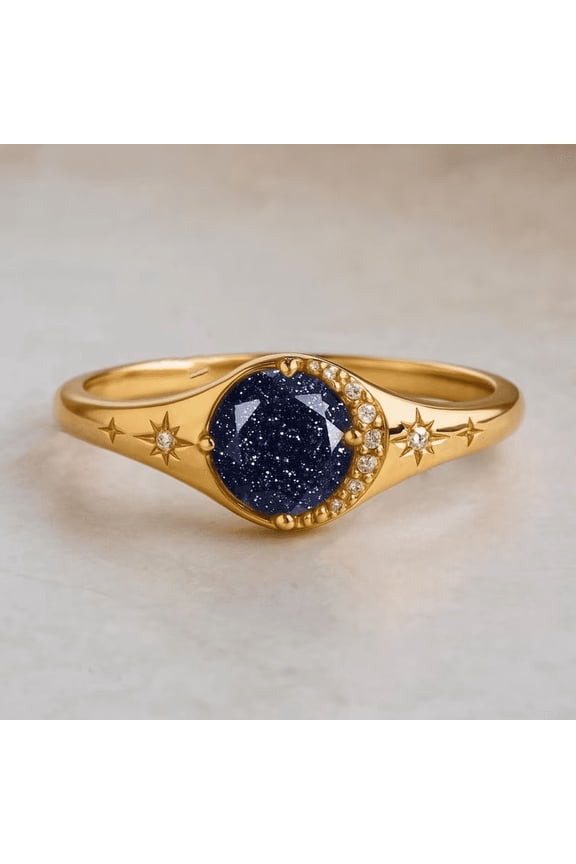 Blue Sandstone & Diamond Engagement Ring, Moon Crescent Wedding Ring, Diamond Moon And Star Ring, Minimalist Proposal Ring, Birthstione Ring, Dainty Diamond Ring .