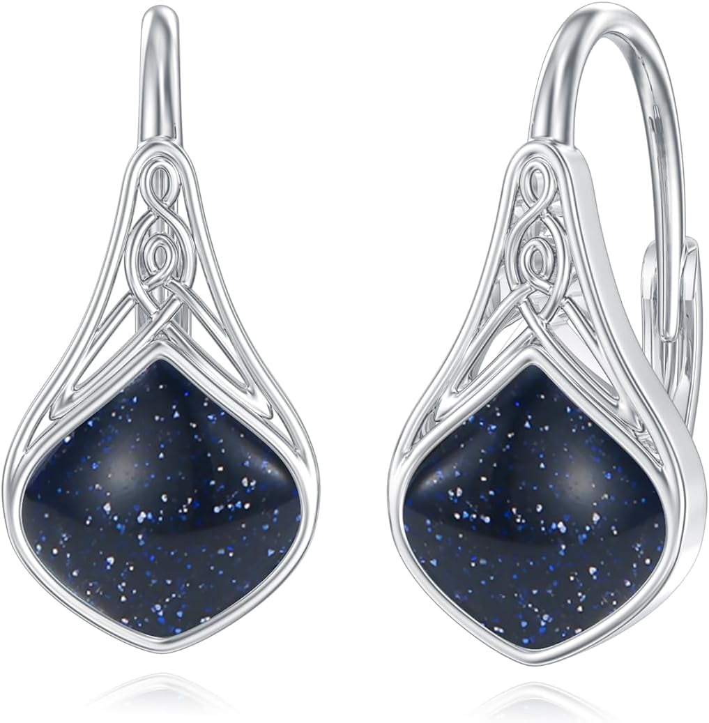 Blue Sandstone Earrings 925 Sterling Silver Celtic Knot Teardrop Blue Sandstone Drop Earrings Irish Jewelry Gifts for Women