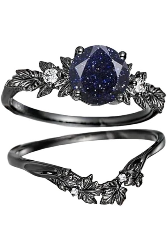 Blue Sandstone Ring 925 Sterling Silver Leaf Sandstone Ring Set Black Engagement Wedding Ring Set for Women-6