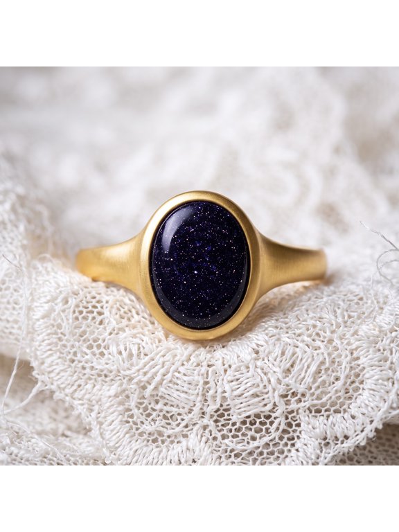 Blue Sandstone Ring, Oval Goldstone Signet Ring, Celestial Jewelry, Night Sky Ring, Gold Plated 925 Sterling Silver, Chunky Statement Ring For Women