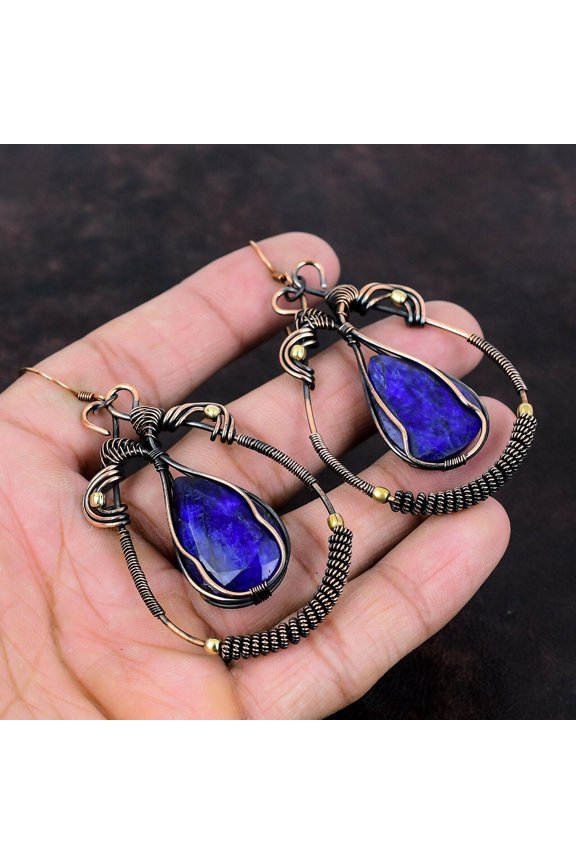 Faceted Blue Sapphire Earring Copper Wire Wrapped Jewelry Gemstone Handmade Earrings Copper Wire Earring Unique Design Jewelry Gift For Her