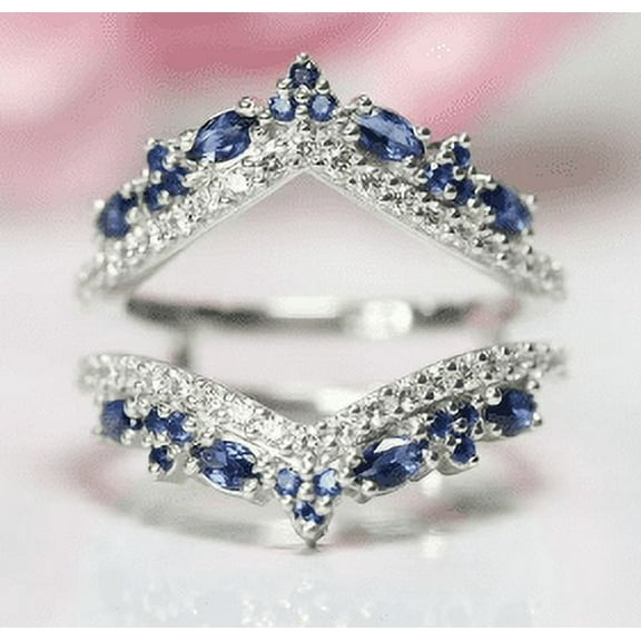 Blue Sapphire And White Diamond Ring Enhancer in 925 Sterling Silver - Bridal Engagement Ring Jacket