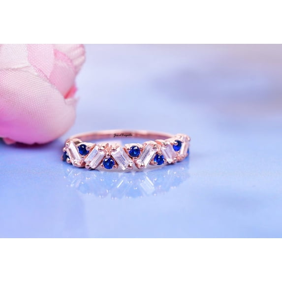 Blue Sapphire Band Ring Half Eternity Ring Baguette Cut Moissanite Jewelry Gifts For Daughter wedding