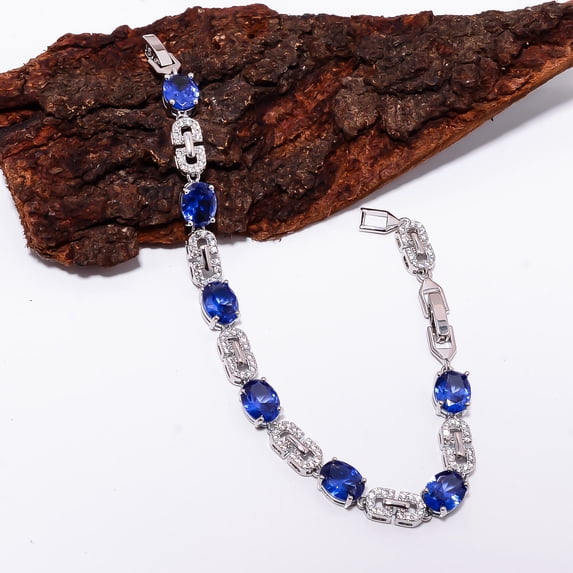 Blue Sapphire, CZ 925 Sterling Silver Adjustable Tennis Bracelet 7-8" B0229, Blue Sapphire Bracelet, Blue Bracelet, Oval Bracelet