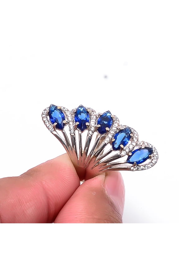 Blue Sapphire, CZ (Simulated) 925 Sterling Silver Platinum Plated Ring S.7 R6