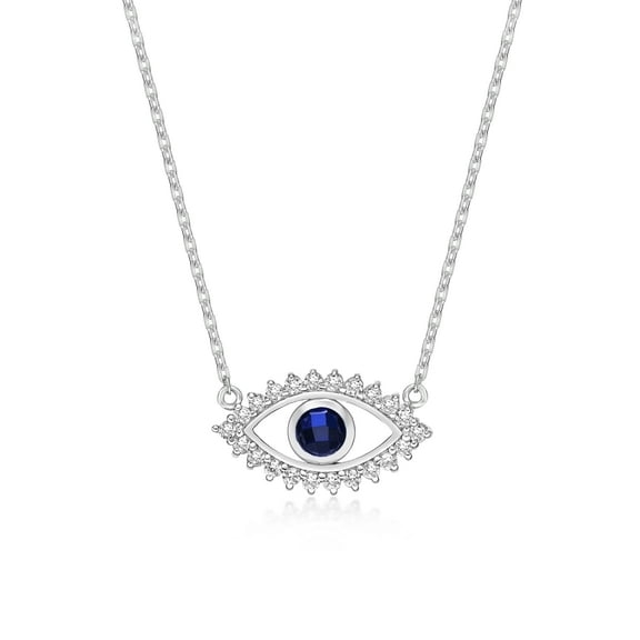 Blue Sapphire Center Gemstone Evil Eye Pendant Necklace for Women in 925 Sterling Silver with White Sapphire on 18 Inch Long Adjustable Chain and Lobster Claw Clasp 3-Prong Setting by Lavari Jewelers