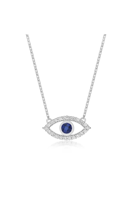 Blue Sapphire Center Gemstone Evil Eye Pendant Necklace for Women in 925 Sterling Silver with White Sapphire on 18 Inch Long Adjustable Chain and Lobster Claw Clasp by Lavari Jewelers