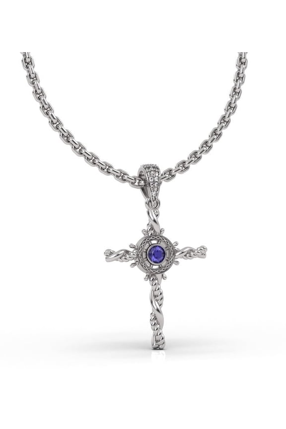 Blue Sapphire Cross Necklace for Women in 925 Sterling Silver 18k White Gold Plated, Nautical Beach Coastal Jewelry, 18 inches