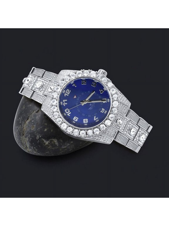 Blue Sapphire Dial Solitaire Men's 14K White Gold Tone Simulated Diamond Water Resistance Steel Back Watch 45MM