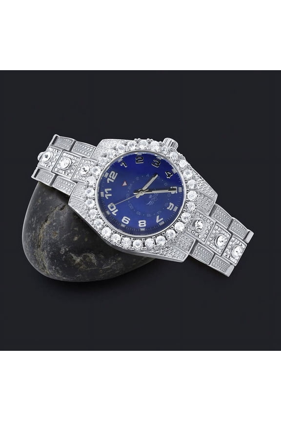 Blue Sapphire Dial Solitaire Men's 14K White Gold Tone Simulated Diamond Water Resistance Steel Back Watch 45MM