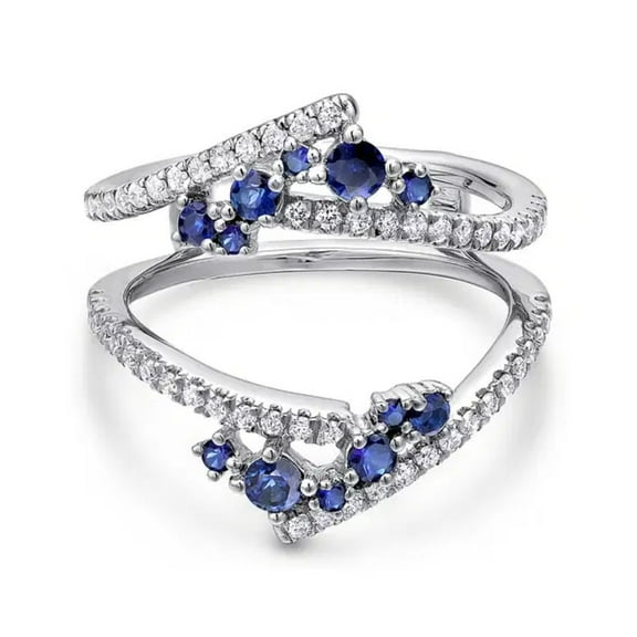 Blue Sapphire & Diamond Crown Wedding Ring Enhancer Guard – 925 Sterling Silver Double Band Wrap – Curved Ring Jacket for Women – September Birthstone