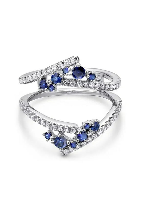 Blue Sapphire & Diamond Crown Wedding Ring Enhancer Guard – 925 Sterling Silver Double Band Wrap – Curved Ring Jacket for Women – September Birthstone