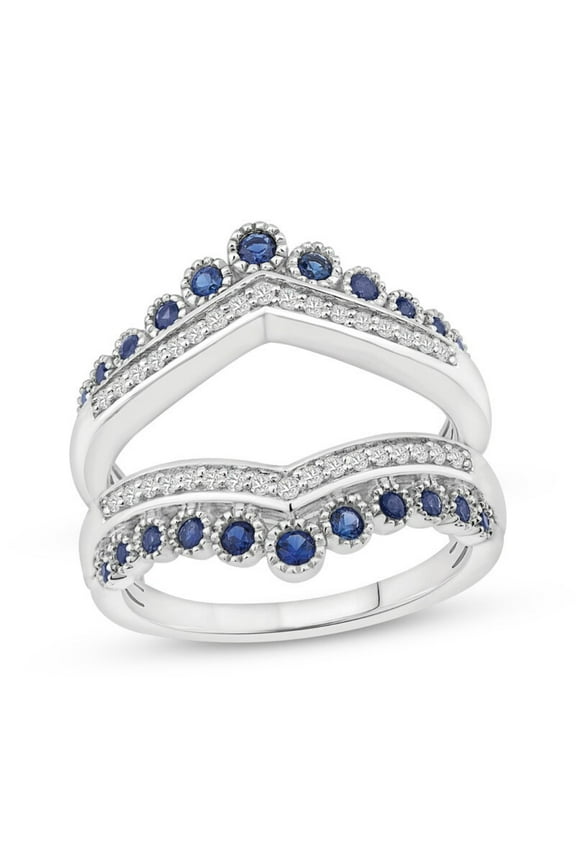 Blue Sapphire & Diamond Crown Wedding Ring Guard in 925 Sterling Silver – Double Ring Enhancer for Women – September Birthstone