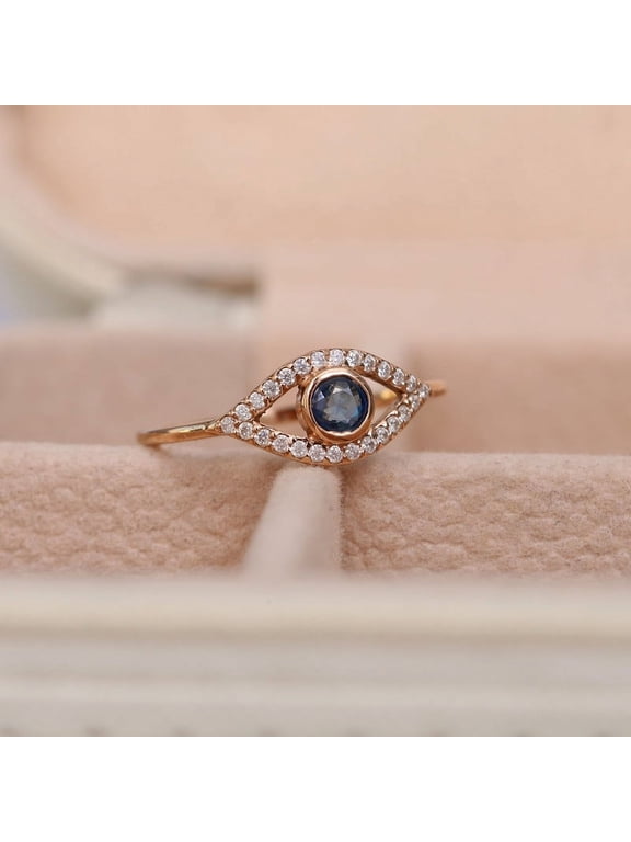 Blue Sapphire & Diamond Evil Eye ring,925 Sterling Silver Stackaable Ring, engagement Ring,Minimalist Ring Gift For Her. Bezel Set Ring Anniversary Ring