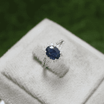 Blue Sapphire & Diamond Halo Engagement Band Ring in 925 Sterling Silver - September Birthstone - Handmade Jewerly