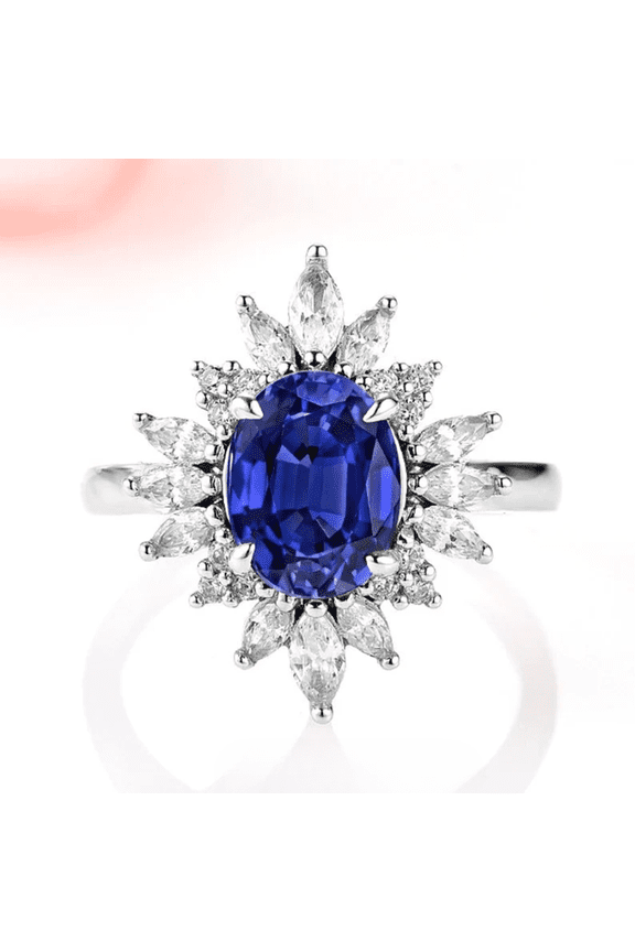 Blue Sapphire & Diamond Halo Engagement Ring in 925 Sterling Silver - September Birthstone - Gift For Her