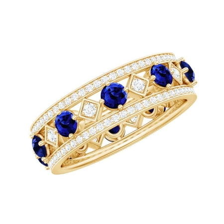 Blue Sapphire & Diamond Statement Eternity Ring in 14K Yellow Gold Vermeil– Vintage-Inspired Wedding Band for Women