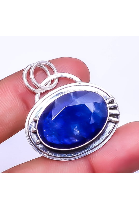 Blue Sapphire - Dyed Quartz Gemstone 925 Sterling Silver Pendant 1.50" P92428046