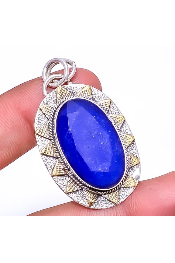 Blue Sapphire - Dyed Quartz (Simulated) 925 Sterling Silver Bali Pendant 1.76" P91735128, Beautiful Jewelry For Woman, New Year Sale, Valentin's Day G
