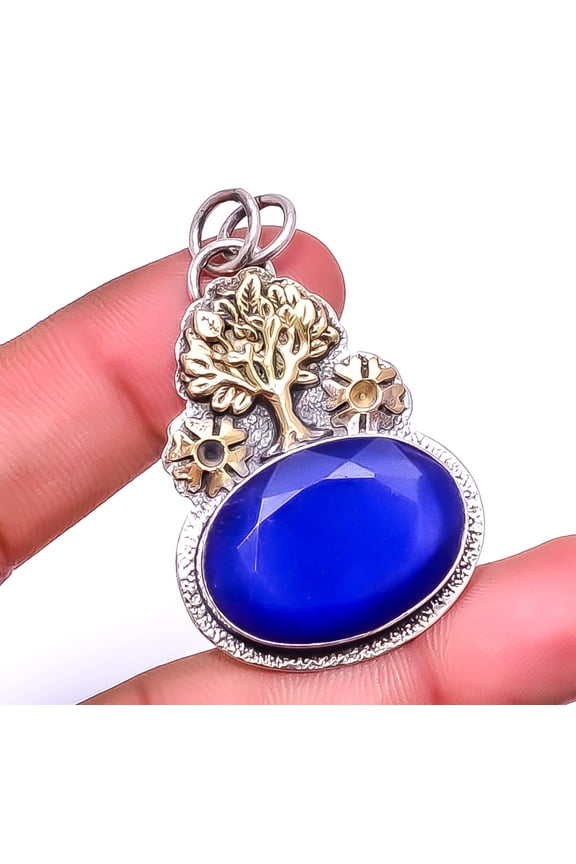 Blue Sapphire - Dyed Quartz (Simulated) 925 Silver Tree Of Life Pendant 1.95" P3, Valentine's Day Gift, Birthday Gift, Beautiful Jewelry For Woman