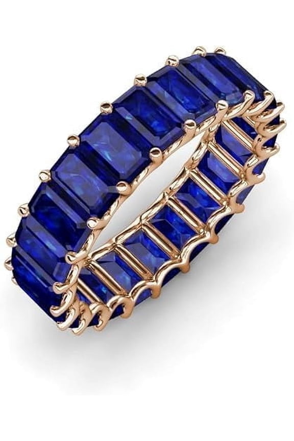 Blue Sapphire Emerald Cut Eternity Band Ring 925 Sterling Silver 5x4mm Lab Created Blue Stone Stackable wedding band Rings Gift for Her