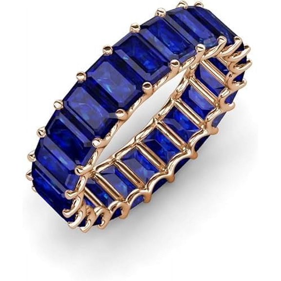 Blue Sapphire Emerald Cut Eternity Band Ring 925 Sterling Silver 5x4mm Lab Created Blue Stone Stackable wedding band Rings Gift for Her