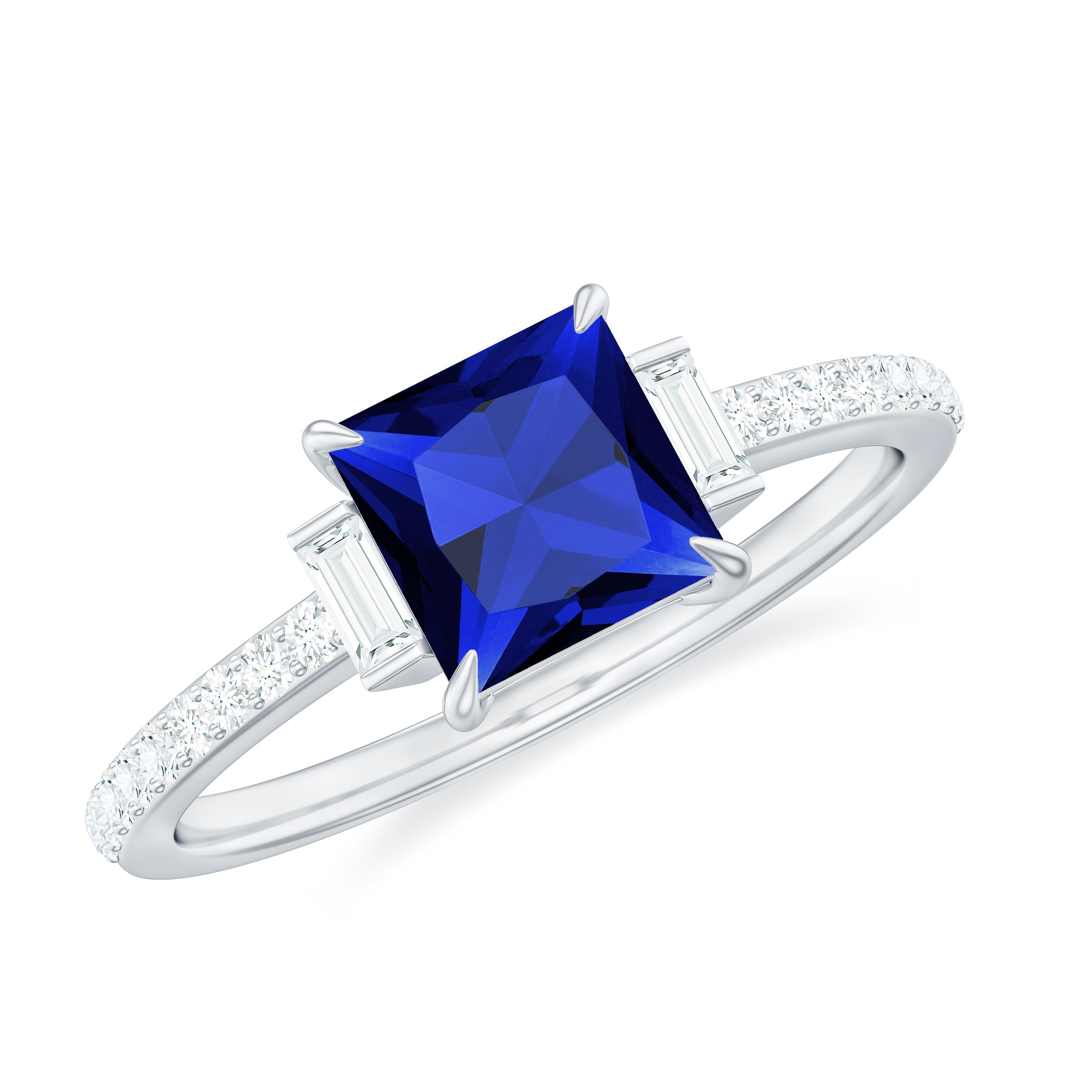 Blue Sapphire Engagement Ring with Moissanite, 6 mm Lab Grown Sapphire