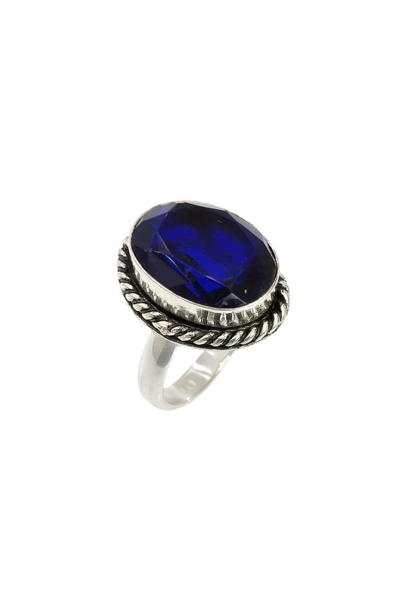 Blue Sapphire Gemstone Ring for Women Sterling Silver Handmade Jewelry September Birthstone Ring Healing Crystal Boho Statement Ring Size US 8