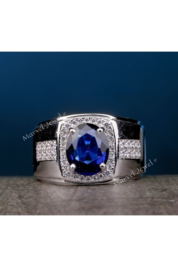 Blue Sapphire Men's Diamond Ring, Men's Halo Diamond Engagement Ring, Wide Band Men's Ring, 2.3 Ct Simulated Sapphire And Diamond, 925 Sterling Silver, Father's Day Gift