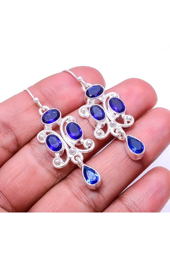 Blue Sapphire Multi Collet 925 Sterling Silver Earring 1.95", Blue Blue Sapphire Earring E_8025_338_5, New Year Sale, Valentin's Day Gift