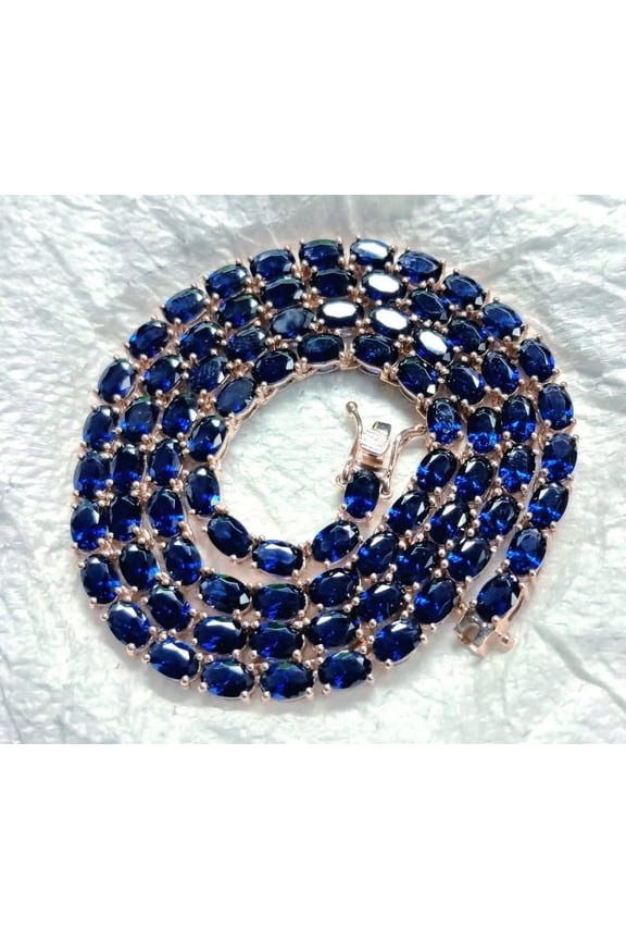 Blue Sapphire Oval Tennis Necklace Platinum Over Sterling Silver, Girlfriend Gift, Anniversary Gift, Birthday Gift, wedding gift