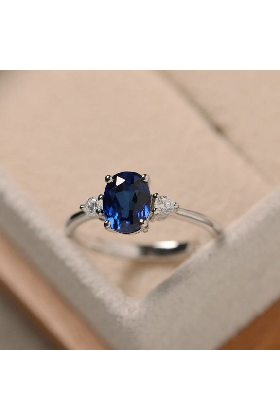 Blue Sapphire Oval cut gemstone engagement ring 925 sterling silver ring
