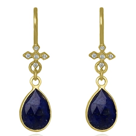 ABSHEL Blue Sapphire Earring - Pear Shape Drop - 925 Sterling Silver 18K Gold Plated.