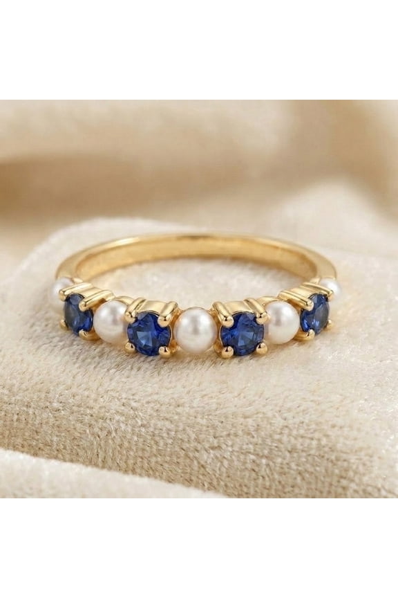 Blue Sapphire & Pearl Engagement Ring, Minimalist Pearl Stackable Ring, Half Eternity Ring, Slim Band Ring, September Birthstone Ring, Handmade Jewelry