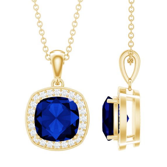 Rosec Jewels Lab Grown Blue Sapphire Pendant with Diamond Halo - 2.75 Carat Cushion Cut Necklace - AAAA Grade - Ready to Gift, 10K Yellow Gold