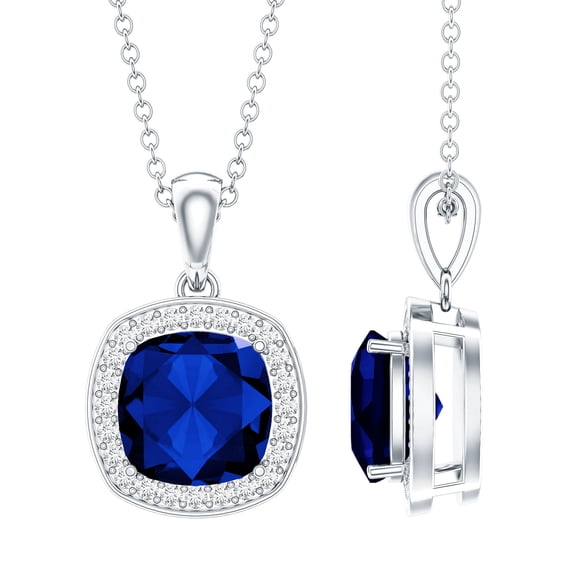 Rosec Jewels Lab Grown Blue Sapphire Pendant with Diamond Halo - 2.75 Carat Cushion Cut Necklace - AAAA Grade - Ready to Gift, 14K White Gold