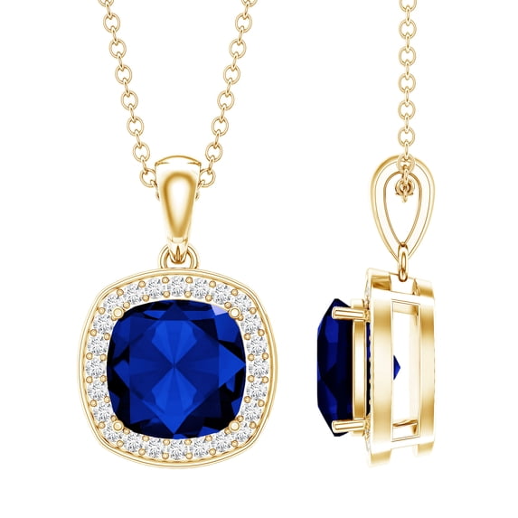Rosec Jewels Lab Grown Blue Sapphire Pendant with Diamond Halo - 2.75 Carat Cushion Cut Necklace - AAAA Grade - Ready to Gift, 14K Yellow Gold