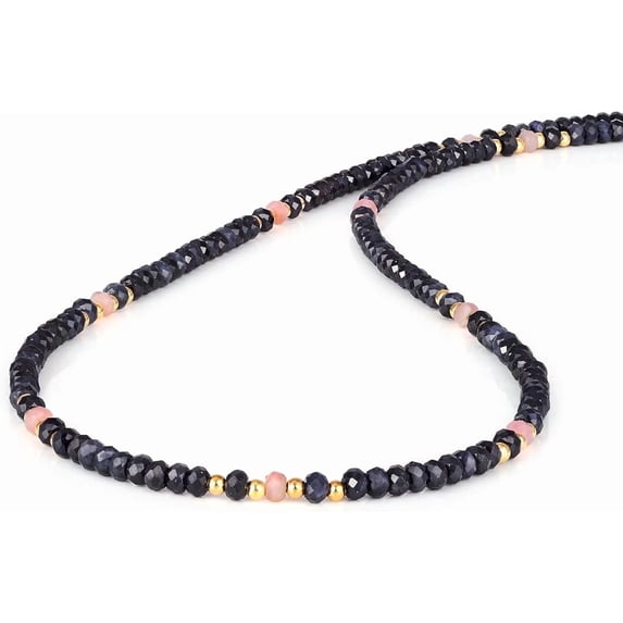 Blue Sapphire & Pink Opal Beads Necklace for Women Natural Gemstone Handmade 925 Sterling Silver Jewelry for Her - 45 CM