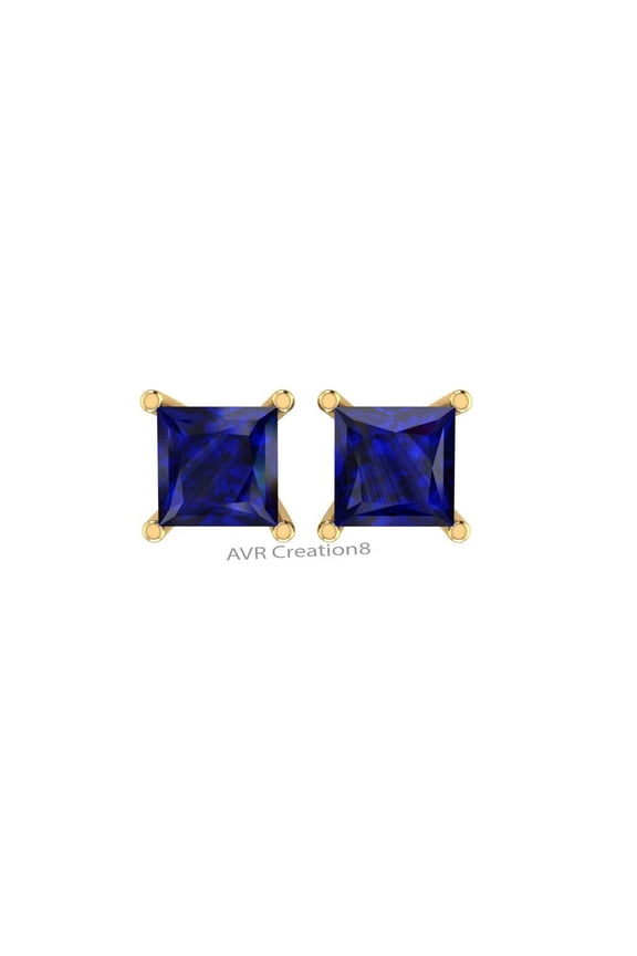 Blue Sapphire Princess Cut Stud Earrings, 925 Sterling Silver Minimalist Birthstone Jewelry Gift