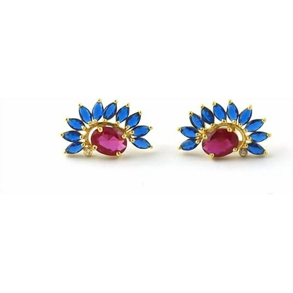 Blue Sapphire Quartz and Ruby 925 Sterling Silver Flower Stud Earrings - Wedding Gemstone Gift - Solid Gold Jewelry