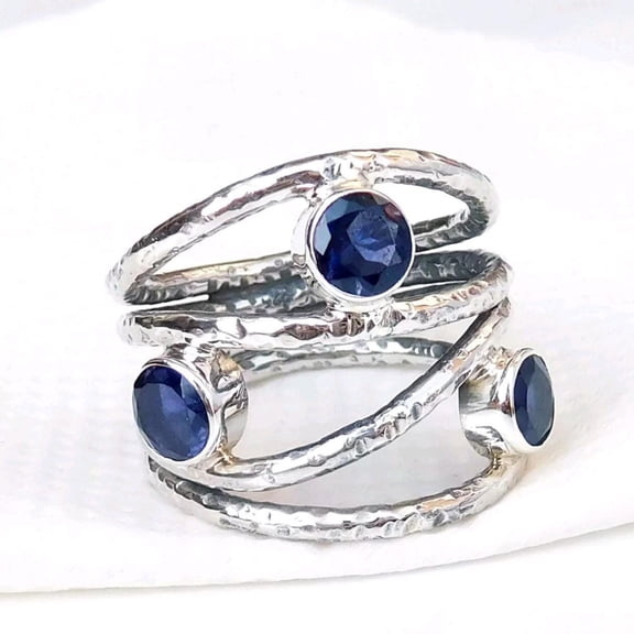 Blue Sapphire Ring, 925 Sterling Silver, September Birthstone, Spiral Band Ring, Three Stone Ring, Modern Wrap Ring, Anniversary Gift Ring**