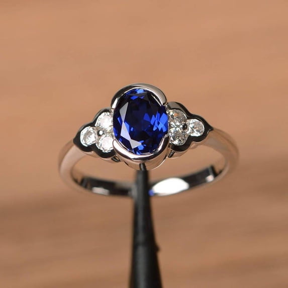 Blue Sapphire Ring, Halo Ring, Oval Ring, Blue Gemstone Ring, 925 Sterling Silver, September Birthstone Handmade Ring