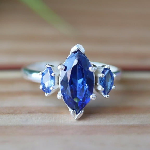 Blue Sapphire Ring, Marquise Ring, 925 Silver Ring, Three Stone Ring, September Birthstone, Promise Ring, Dainty Ring, Anniversary Ring,