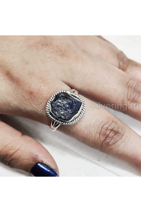 Blue Sapphire Ring, Rough Blue Sapphire Ring, September Birthstone, Bohemian Ring, 925 Sterling Silver, Womens Ring, Christmas, Thanksgiving, Handmade, Statement Jewelry, Rough Gemstone Jewelry