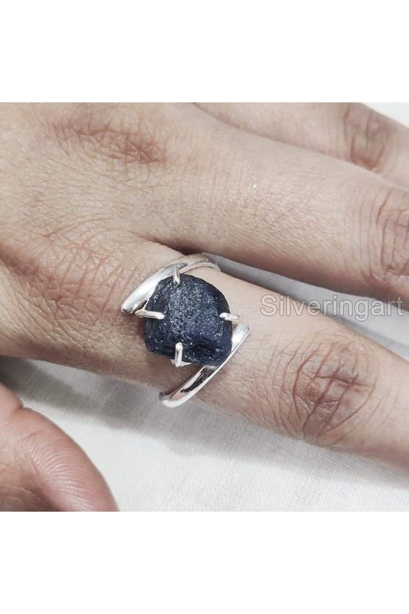 Blue Sapphire Ring, Rough Blue Sapphire Ring, September Birthstone, Cross Prong Ring, 925 Sterling Silver, Womens Ring, Christmas, Thanksgiving, Handmade, Statement Jewelry, Rough Gemstone Jewelry