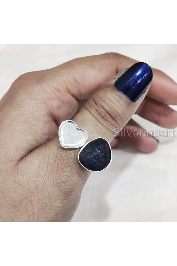 Blue Sapphire Ring, Rough Blue Sapphire Ring, September Birthstone, Adjustable Heart, 925 Sterling Silver, Womens Ring, Christmas, Thanksgiving, Handmade, Statement Jewelry, Rough Gemstone Jewelry