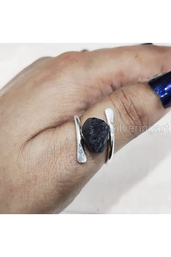 Blue Sapphire Ring, Rough Blue Sapphire Ring, September Birthstone, CROSS Band Ring, 925 Sterling Silver, Womens Ring, Christmas, Thanksgiving, Handmade, Statement Jewelry, Rough Gemstone Jewelry