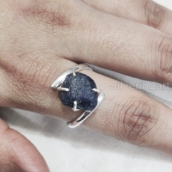 Blue Sapphire Ring, Rough Blue Sapphire Ring, September Birthstone, Cross Prong Ring, 925 Sterling Silver, Womens Ring, Christmas, Thanksgiving, Handmade, Statement Jewelry, Rough Gemstone Jewelry