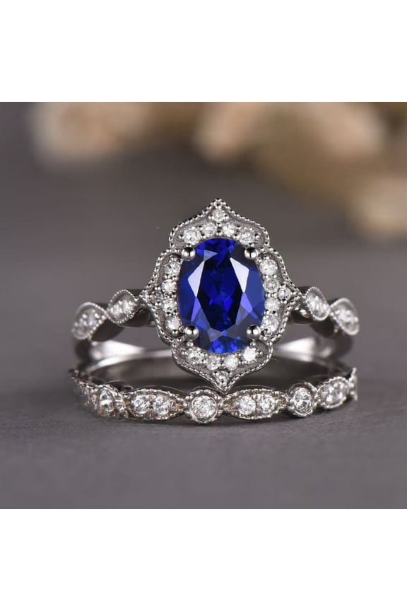 Blue Sapphire Ring in 925 Sterling Silver- Oval Sapphire Engagement Ring- Art Deco Wedding Ring- September Birthstone